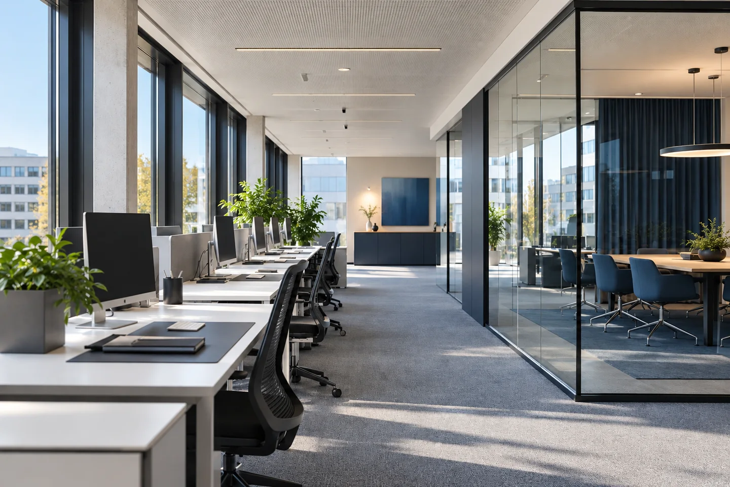Bureaux inoccupés avec postes de travail et salle de réunion vitrée